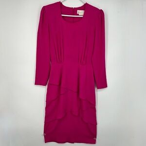Brenner Juniors Sz 5 6 Vintage Midi Dress Fuchsia Pink Tiered Skirt Long Sleeves